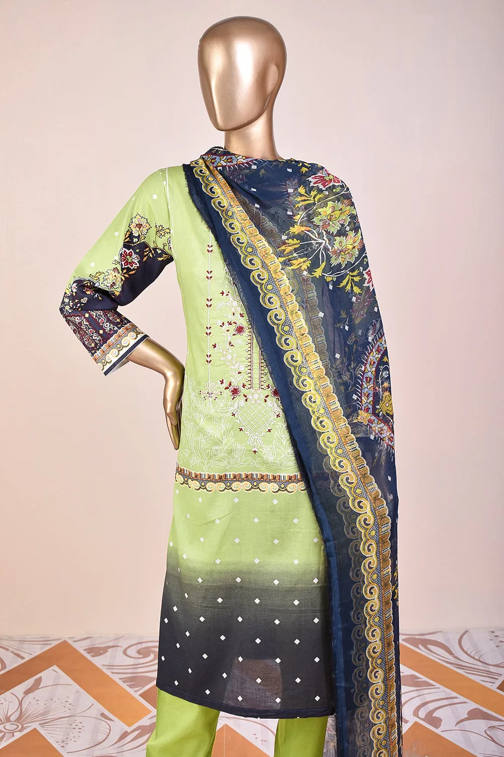 3 Pc Unstitched Embroidered Lawn Dress with Chiffon Printed Dupatta - Eccentric Ripples (JEL-03)
