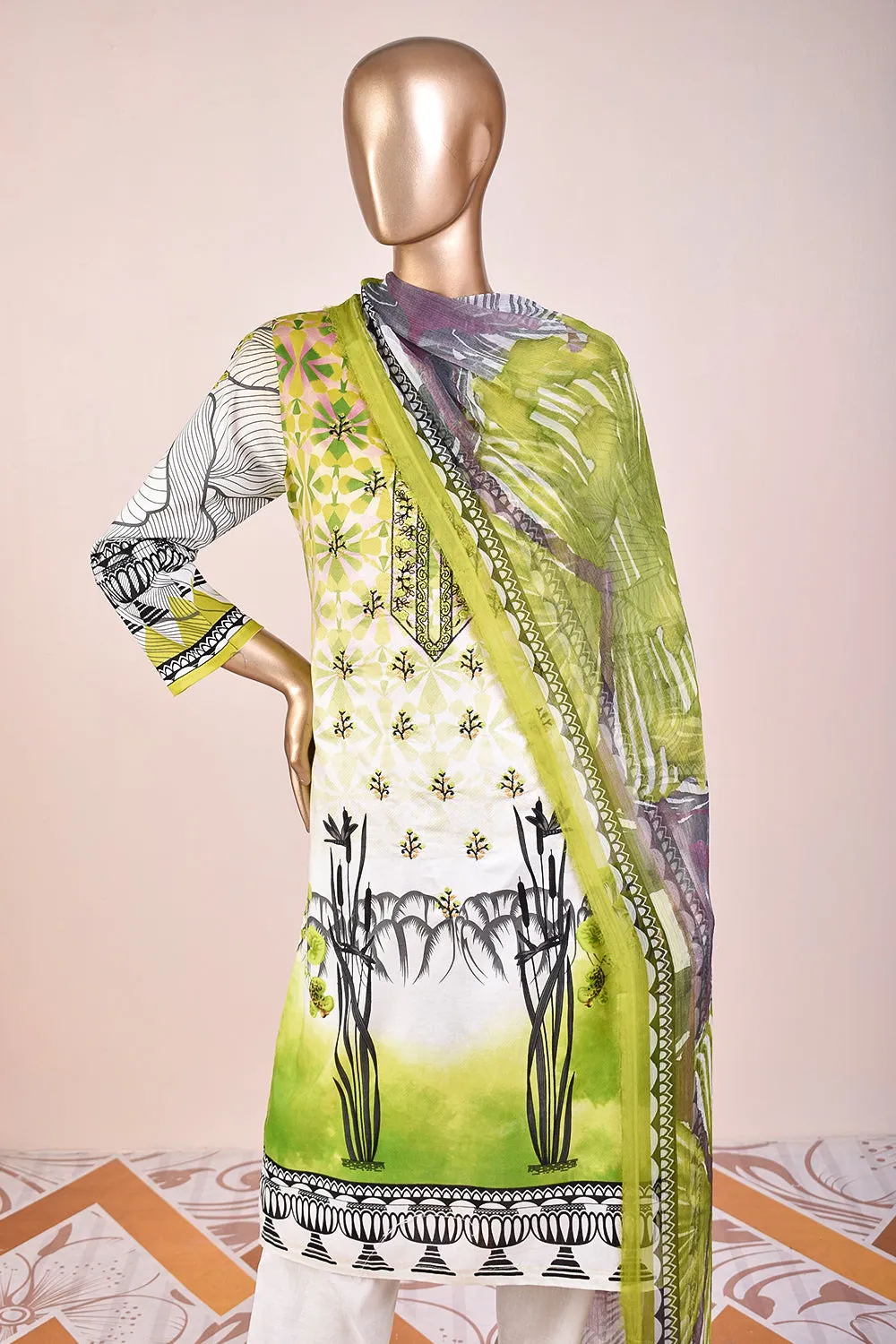 3 Pc Unstitched Embroidered Lawn Dress with Chiffon Printed Dupatta - Rustic Minds (JEL-07)