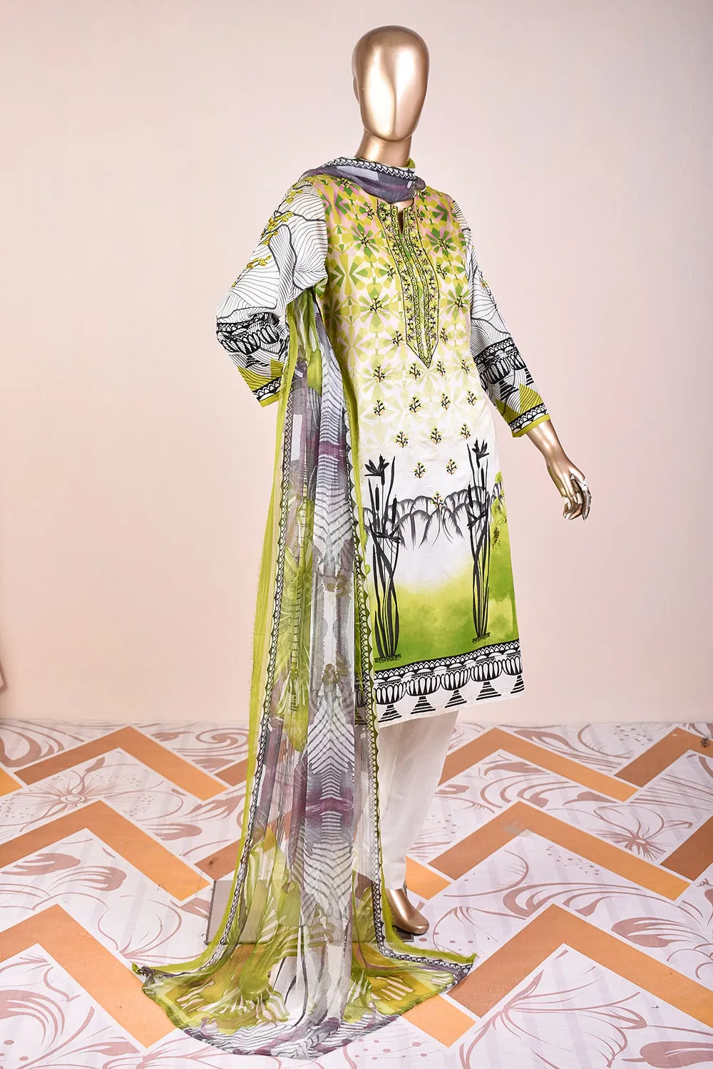 3 Pc Unstitched Embroidered Lawn Dress with Chiffon Printed Dupatta - Rustic Minds (JEL-07)