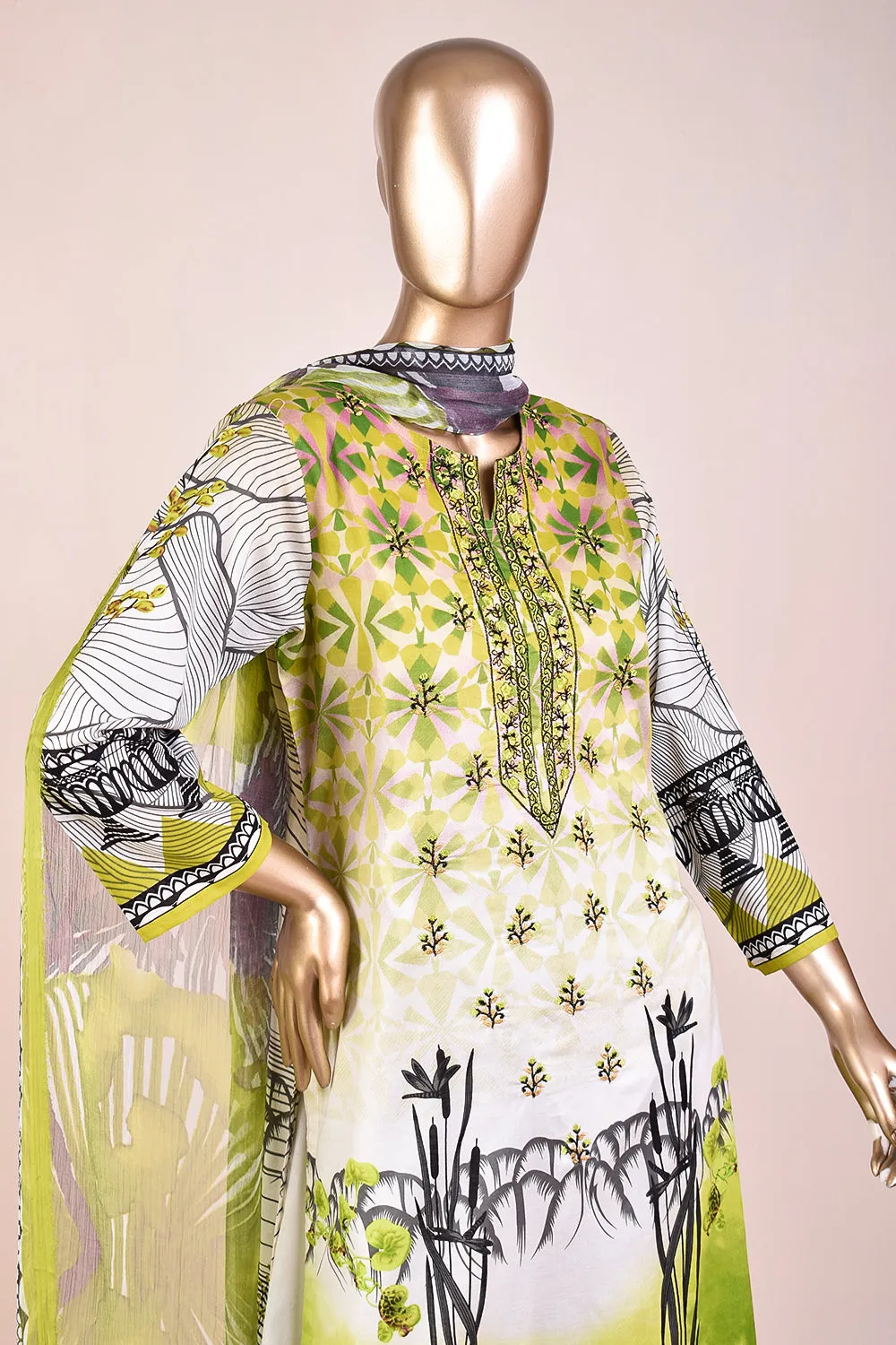 3 Pc Unstitched Embroidered Lawn Dress with Chiffon Printed Dupatta - Rustic Minds (JEL-07)