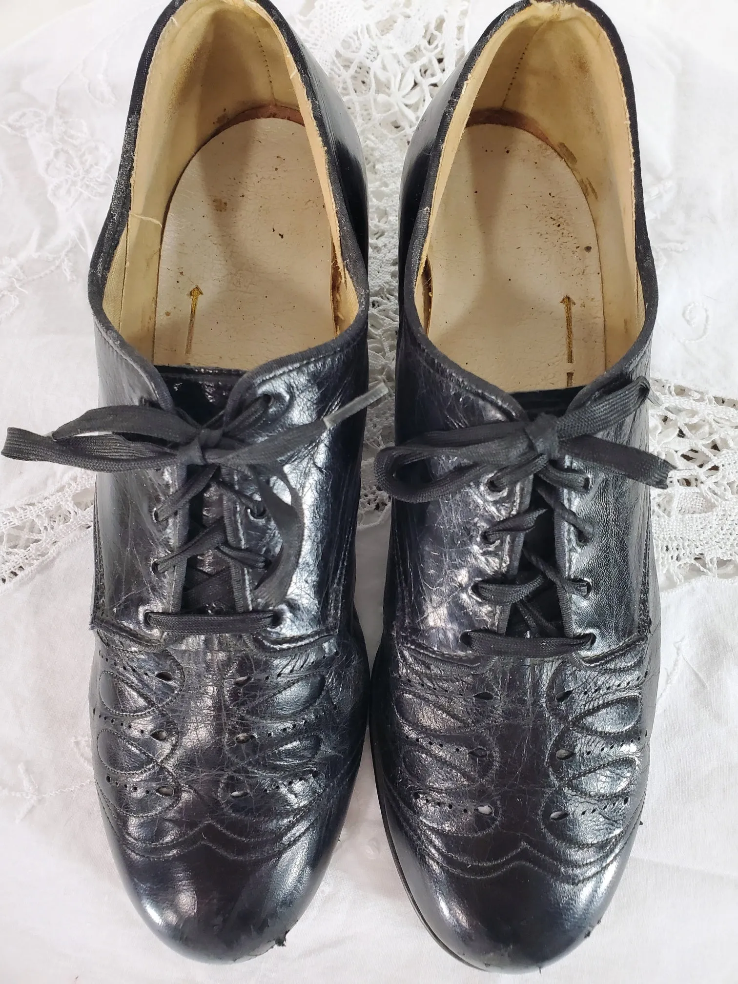 30s Black Leather Lace-Up Brogue Shoes - 7