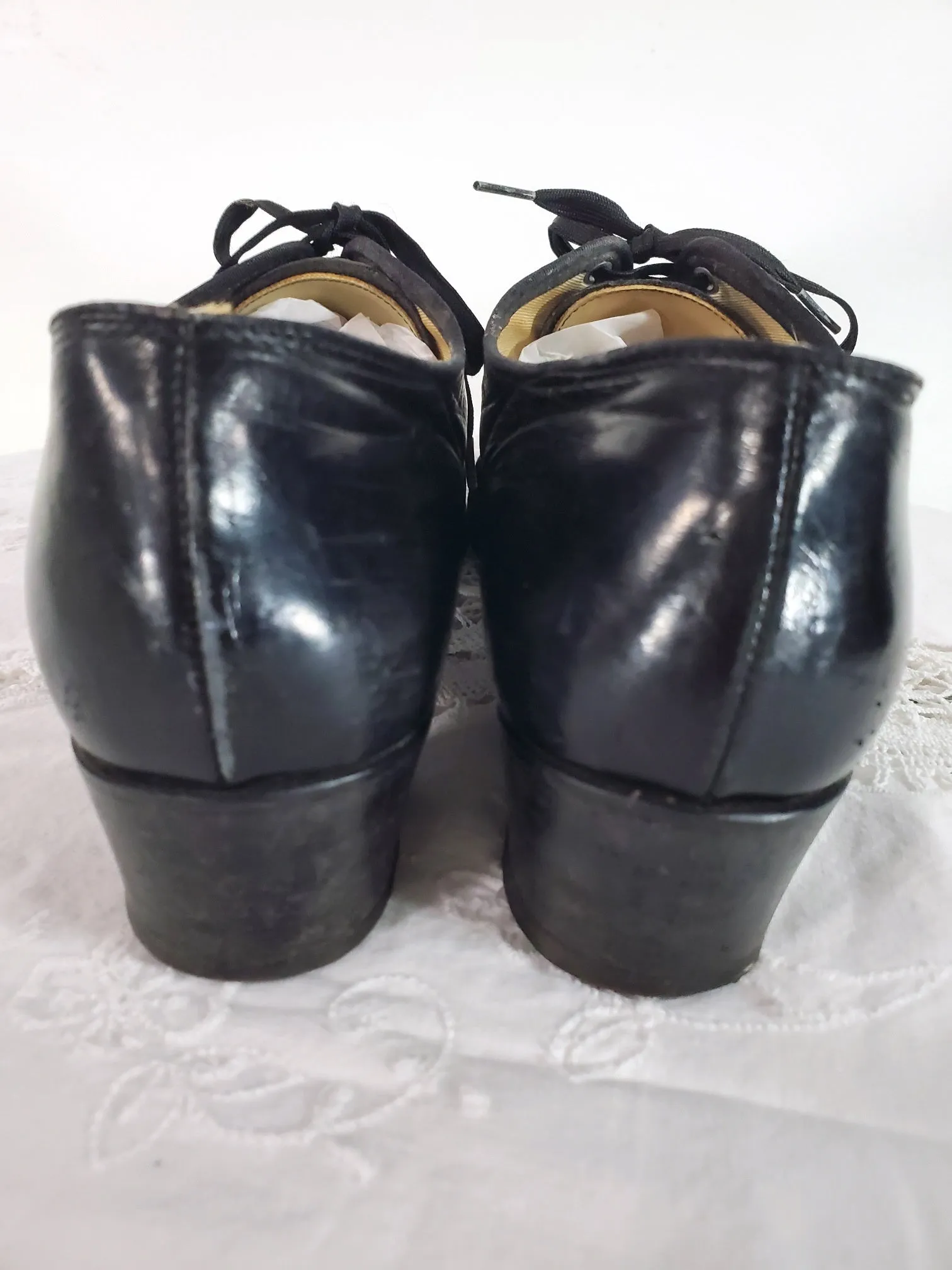 30s Black Leather Lace-Up Brogue Shoes - 7