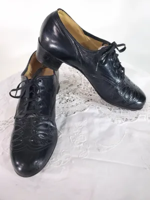 30s Black Leather Lace-Up Brogue Shoes - 7