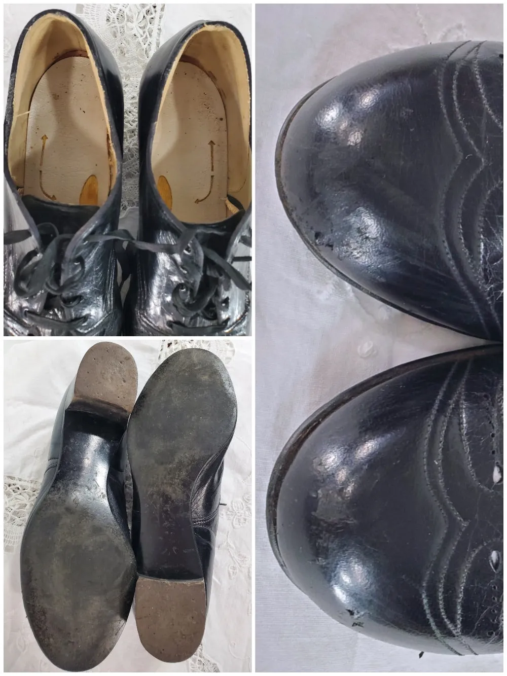 30s Black Leather Lace-Up Brogue Shoes - 7