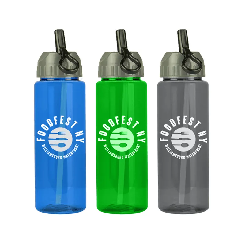 32 oz The Guzzler Transparent Bottle w/ Flip Straw Lid