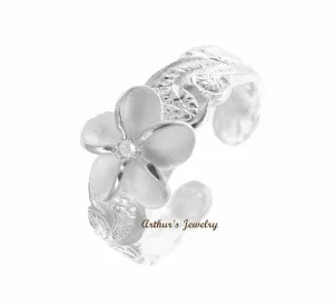 925 STERLING SILVER 8MM HAWAIIAN PLUMERIA FLOWER SCROLL TOE RING WHITE CZ