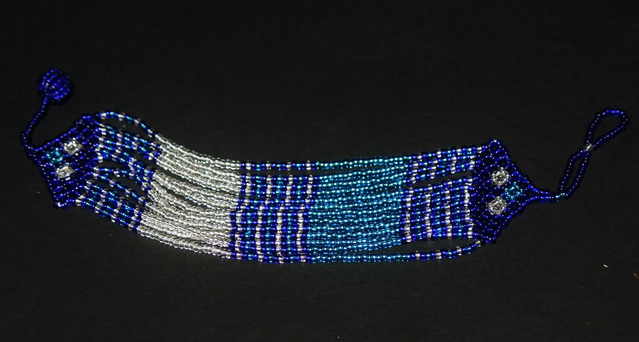 African Tribal Beaded Waterfall Necklace Blue Turquoise Silver