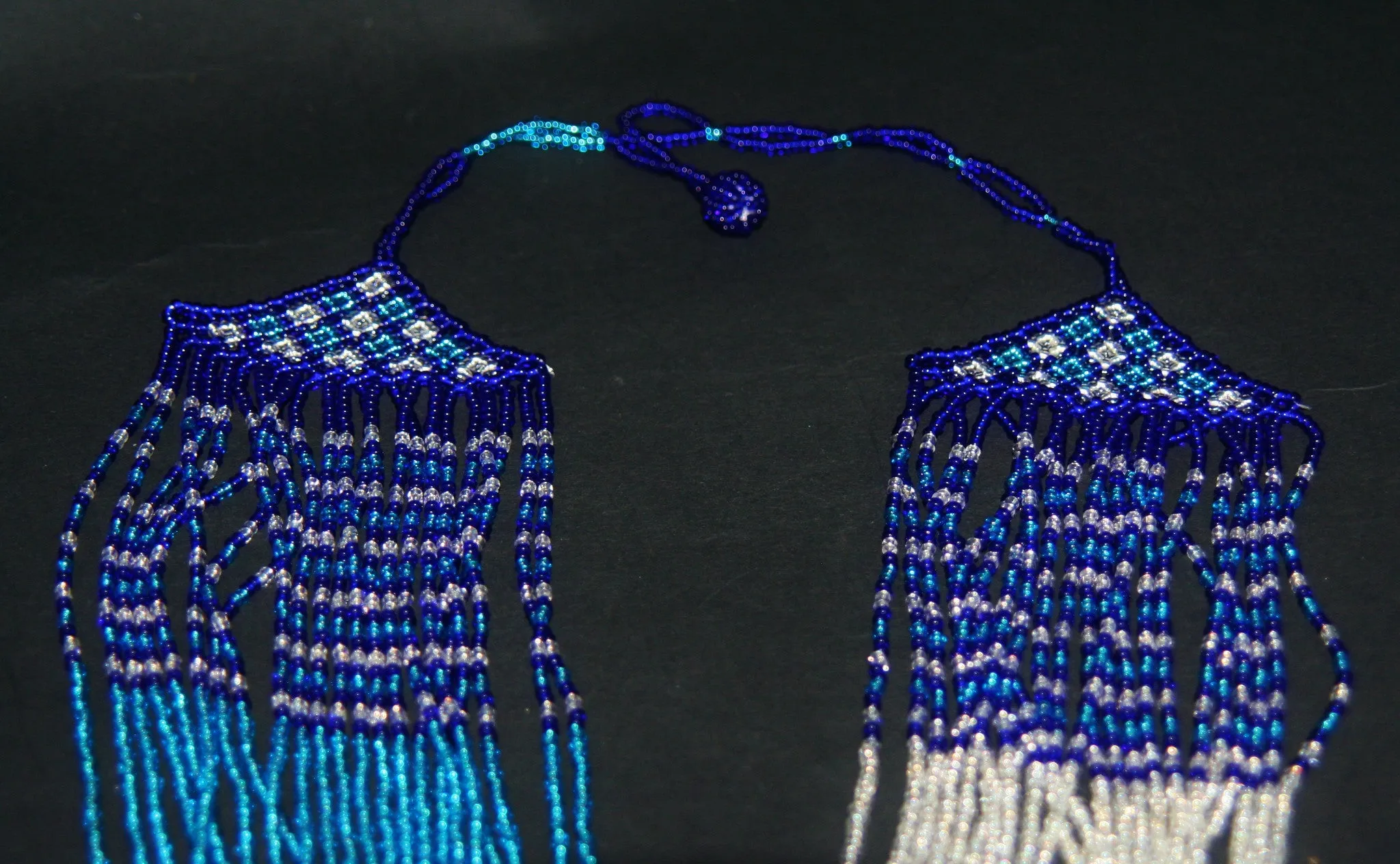 African Tribal Beaded Waterfall Necklace Blue Turquoise Silver