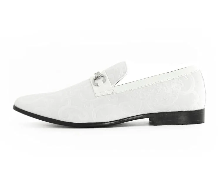 Amali Throne White Men’s Velvet Leather Loafers with Paisley Pattern