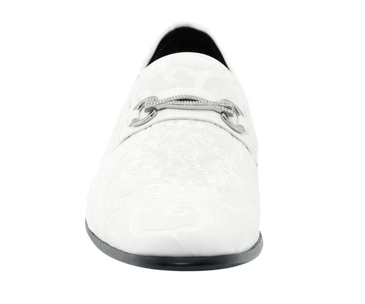 Amali Throne White Men’s Velvet Leather Loafers with Paisley Pattern