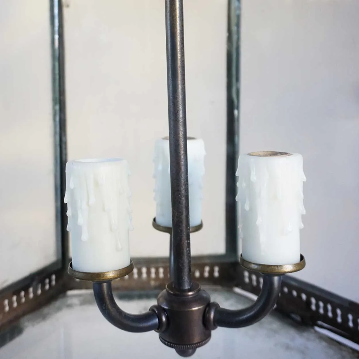 Anglo Indian Toleware and Glass Hexagonal Three-Light Hanging Lantern
