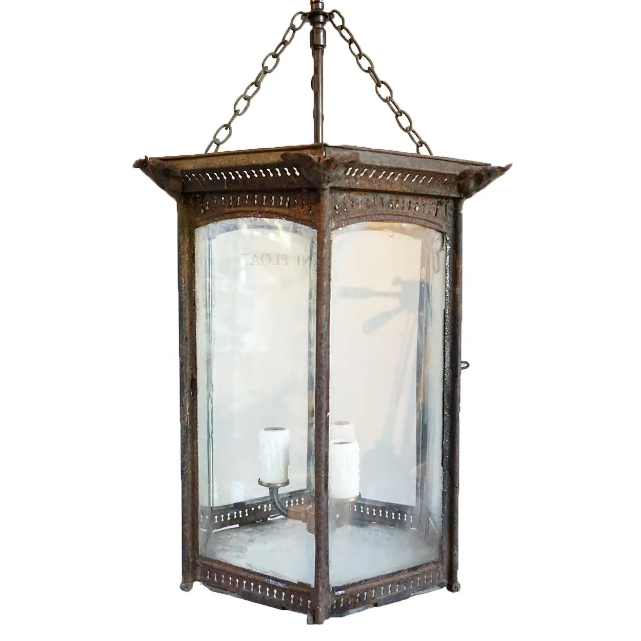 Anglo Indian Toleware and Glass Hexagonal Three-Light Hanging Lantern
