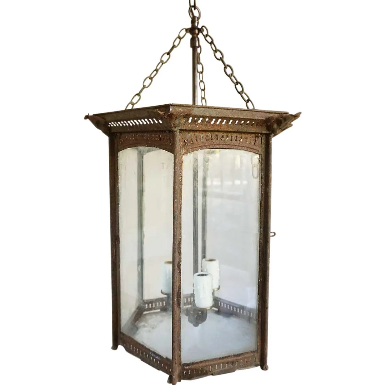Anglo Indian Toleware and Glass Hexagonal Three-Light Hanging Lantern