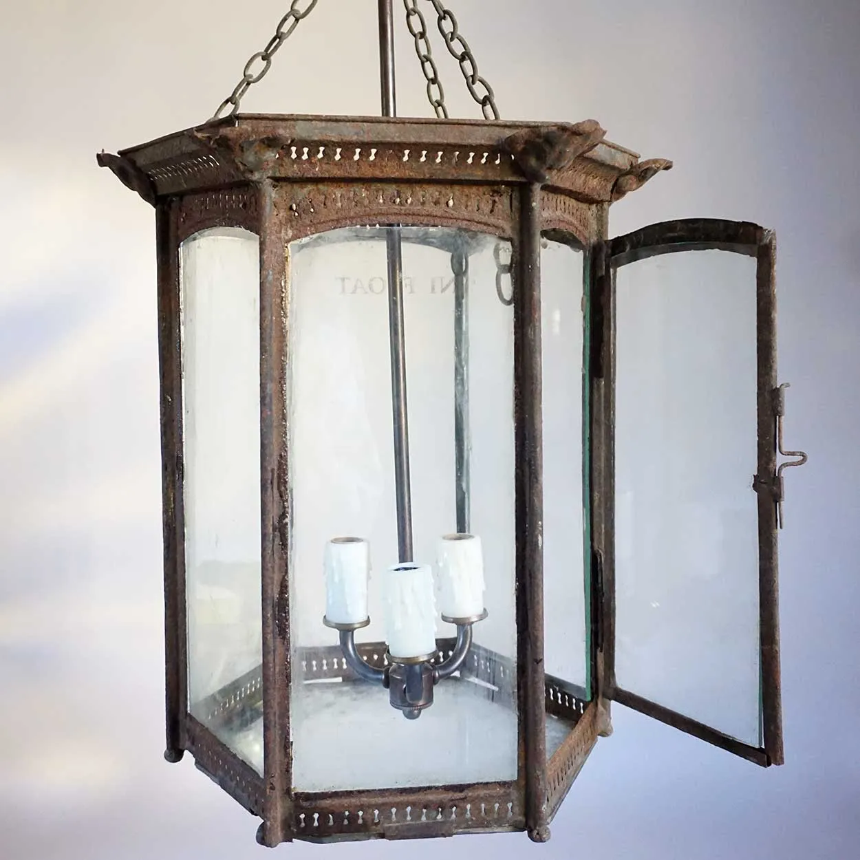 Anglo Indian Toleware and Glass Hexagonal Three-Light Hanging Lantern