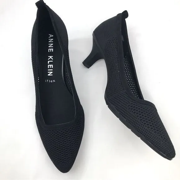 Anne Klein iflex REBECCA Black Perforated Mesh Slip On Pointed Toe Comfort Heels