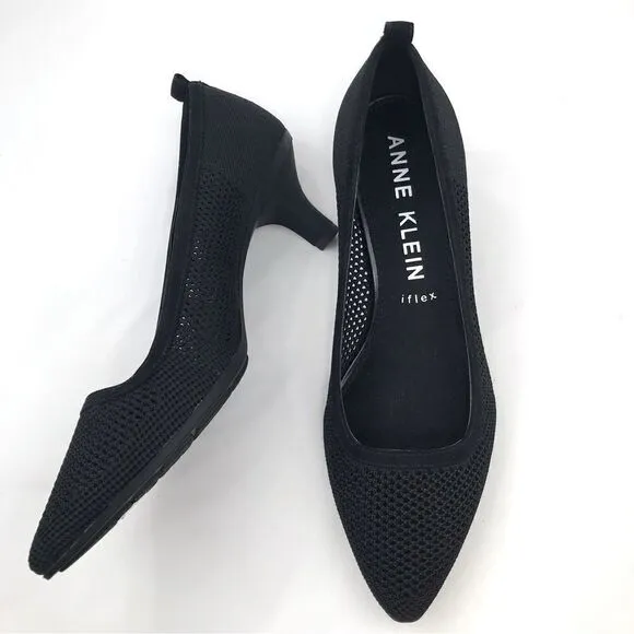 Anne Klein iflex REBECCA Black Perforated Mesh Slip On Pointed Toe Comfort Heels