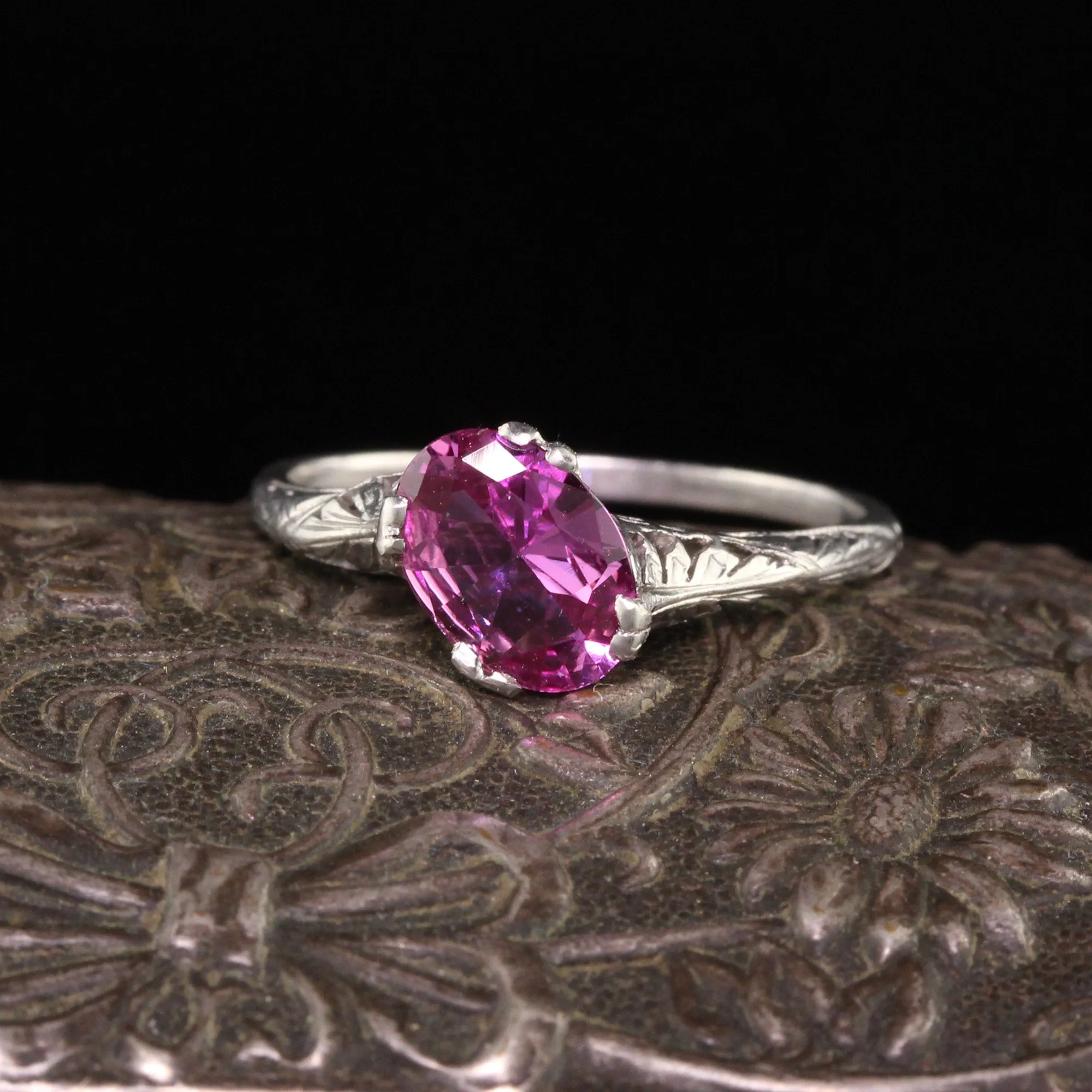 Antique Art Deco Platinum Oval Pink Sapphire Filigree Engagement Ring - AGL