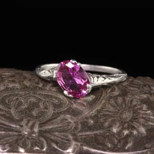 Antique Art Deco Platinum Oval Pink Sapphire Filigree Engagement Ring - AGL