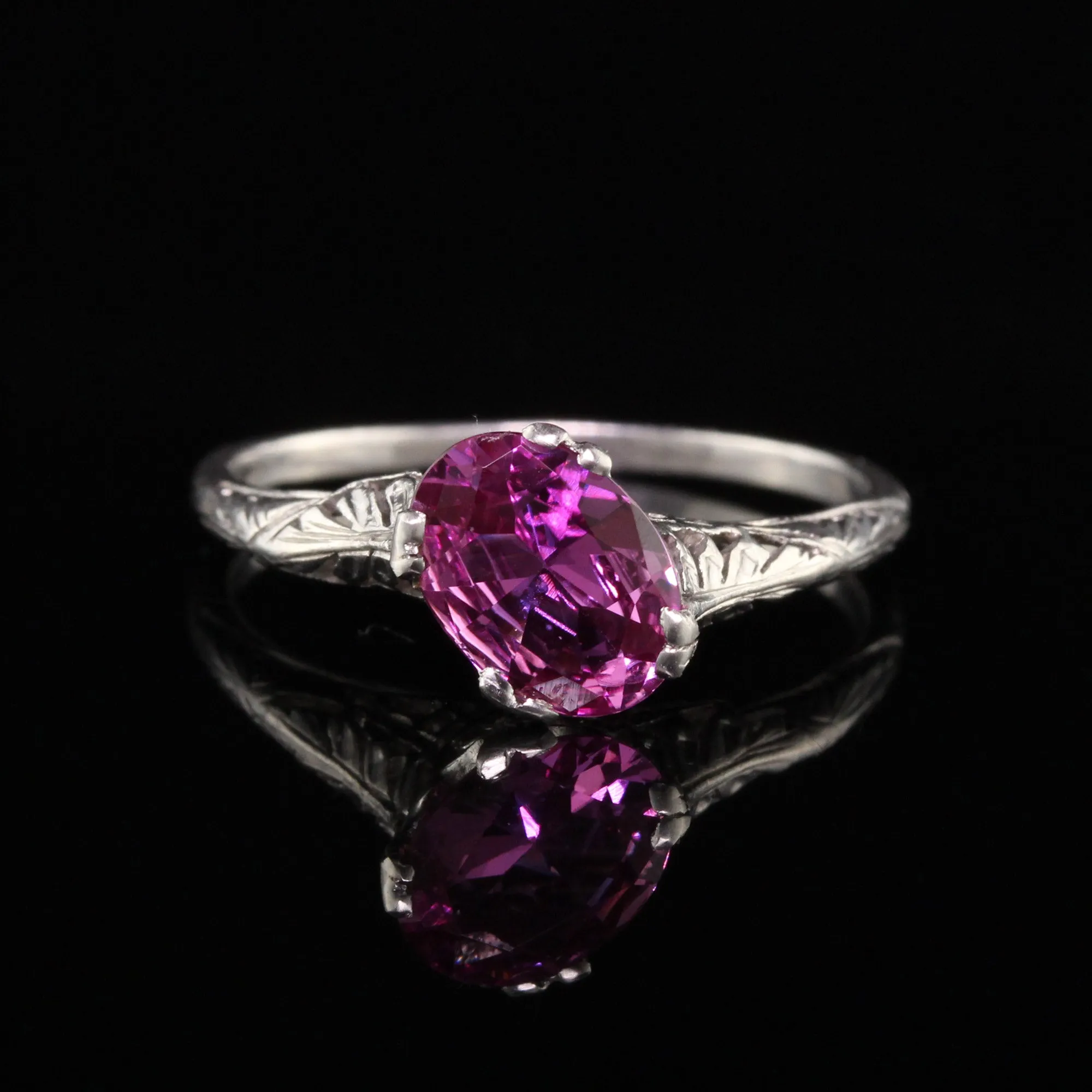 Antique Art Deco Platinum Oval Pink Sapphire Filigree Engagement Ring - AGL
