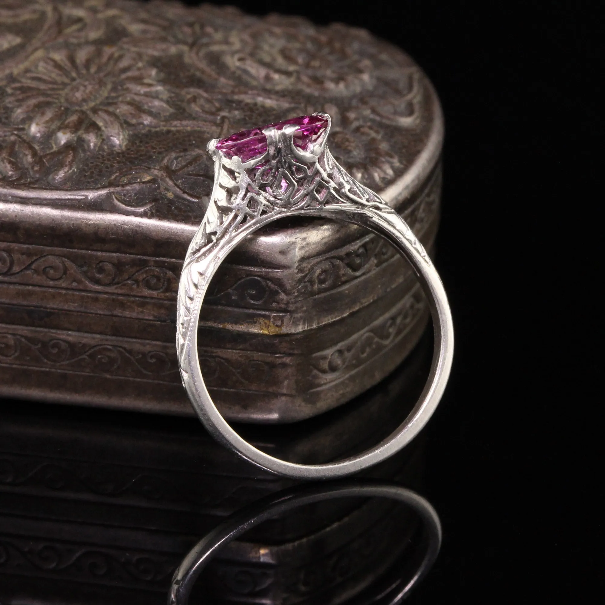 Antique Art Deco Platinum Oval Pink Sapphire Filigree Engagement Ring - AGL