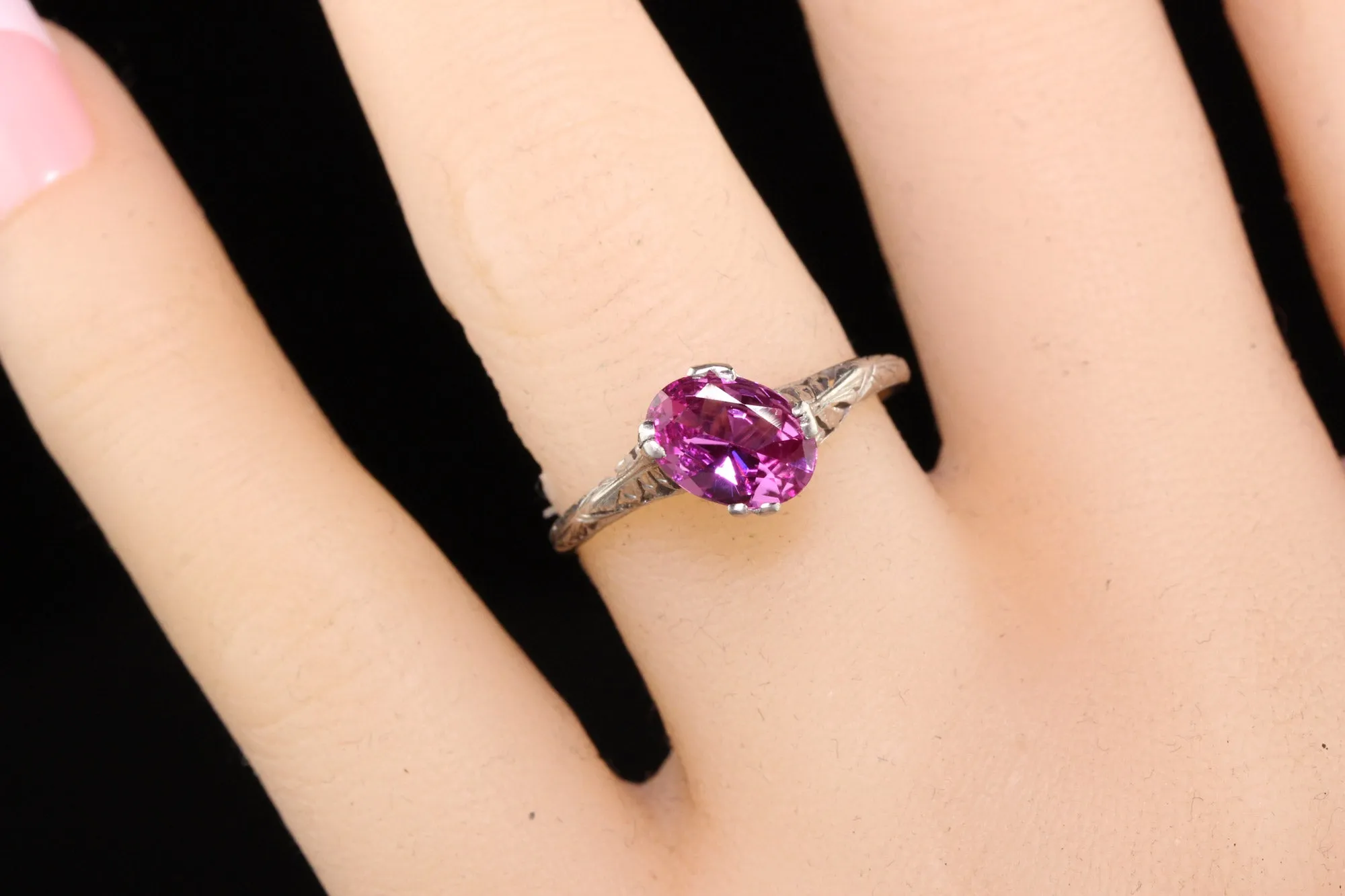 Antique Art Deco Platinum Oval Pink Sapphire Filigree Engagement Ring - AGL
