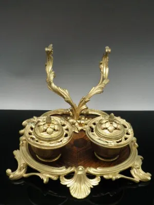 Antique French Ormolu Inkwell Wood Base