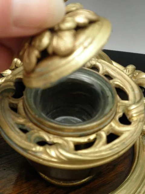 Antique French Ormolu Inkwell Wood Base