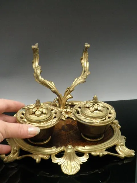 Antique French Ormolu Inkwell Wood Base
