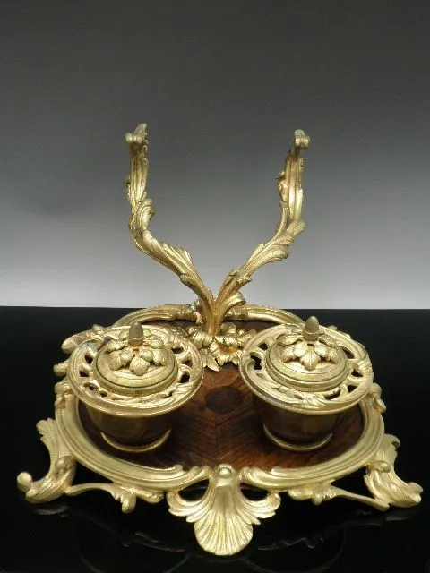 Antique French Ormolu Inkwell Wood Base