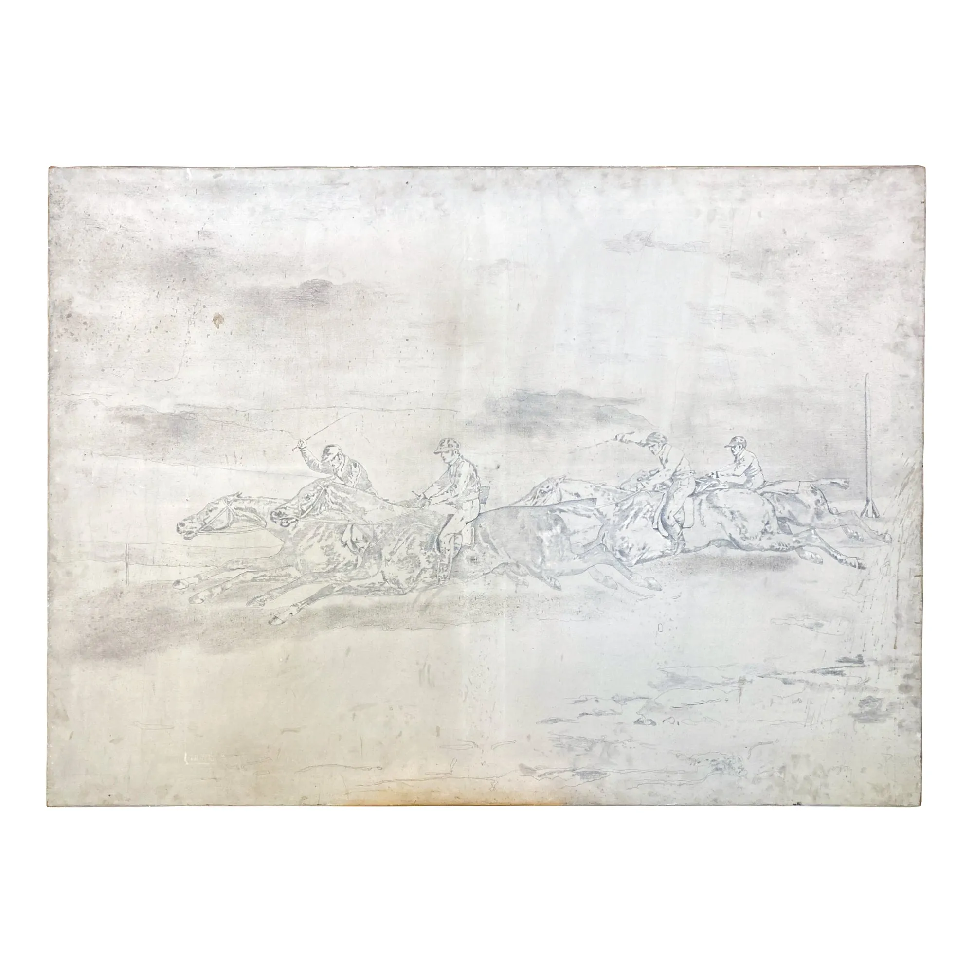 Antique French Painting of Horse Riders in Cream
