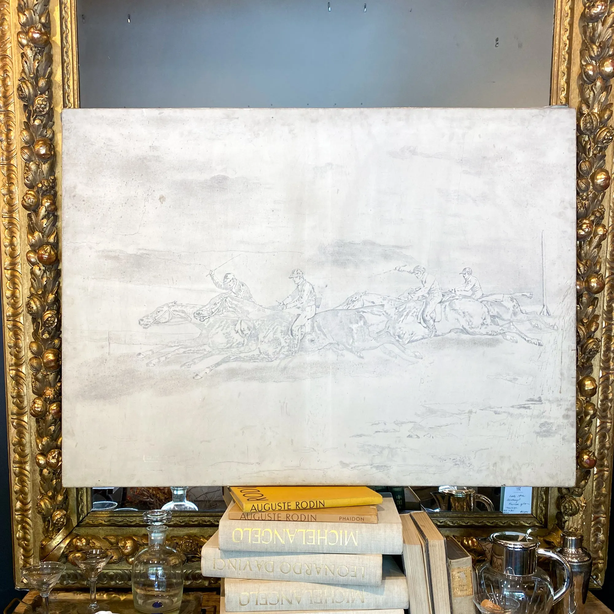Antique French Painting of Horse Riders in Cream