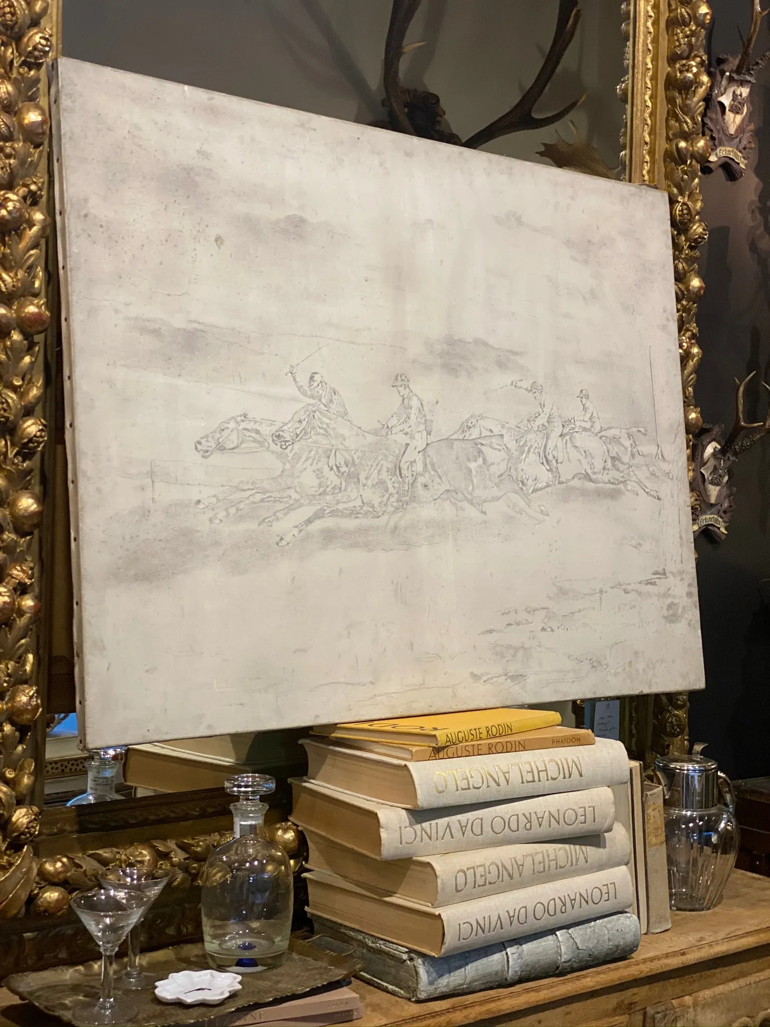 Antique French Painting of Horse Riders in Cream