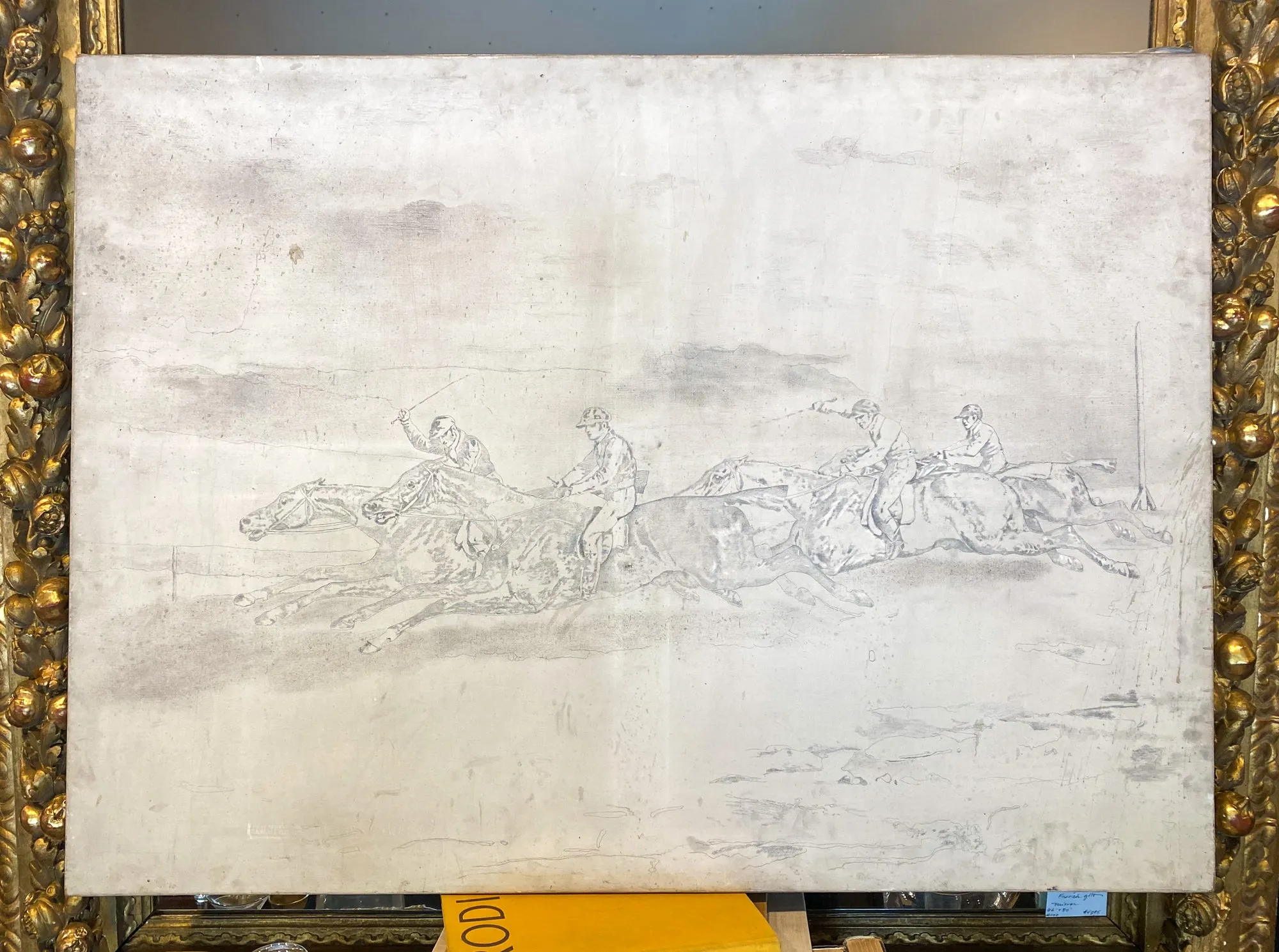Antique French Painting of Horse Riders in Cream