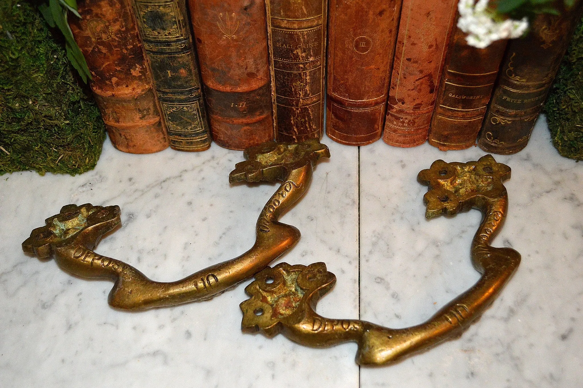 Antique Large Pair French Drawer Pulls Floral Brass Furniture Handles