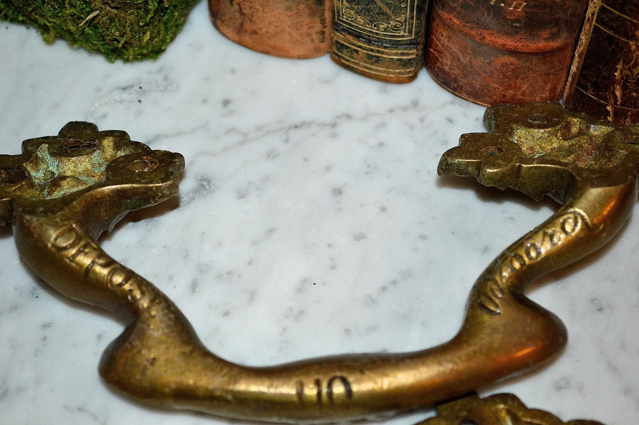 Antique Large Pair French Drawer Pulls Floral Brass Furniture Handles