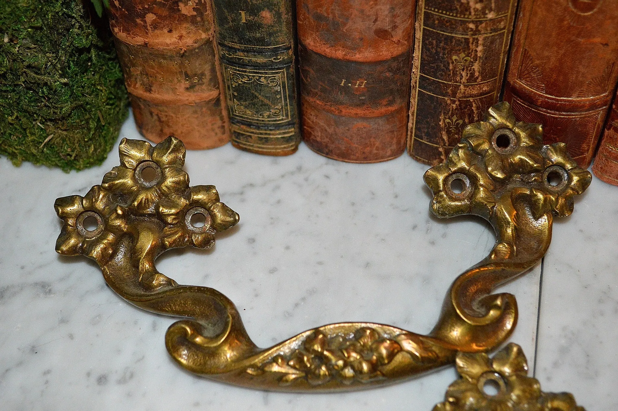 Antique Large Pair French Drawer Pulls Floral Brass Furniture Handles