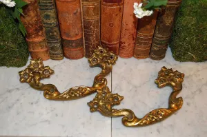 Antique Large Pair French Drawer Pulls Floral Brass Furniture Handles