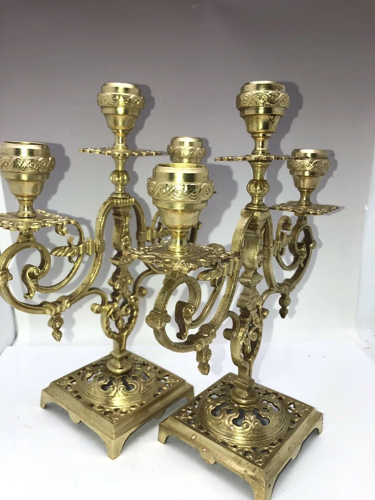 Antique Pair French Ormolu Bronze Three Light Candelabra