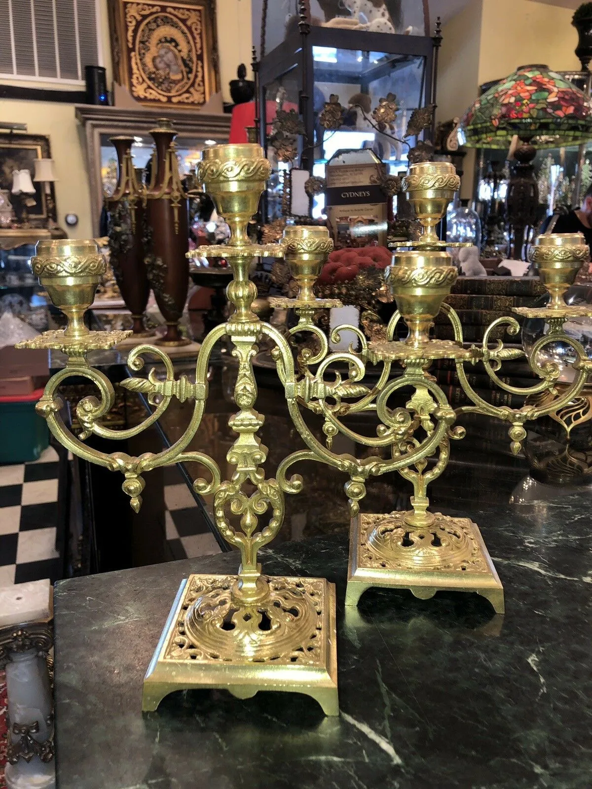 Antique Pair French Ormolu Bronze Three Light Candelabra