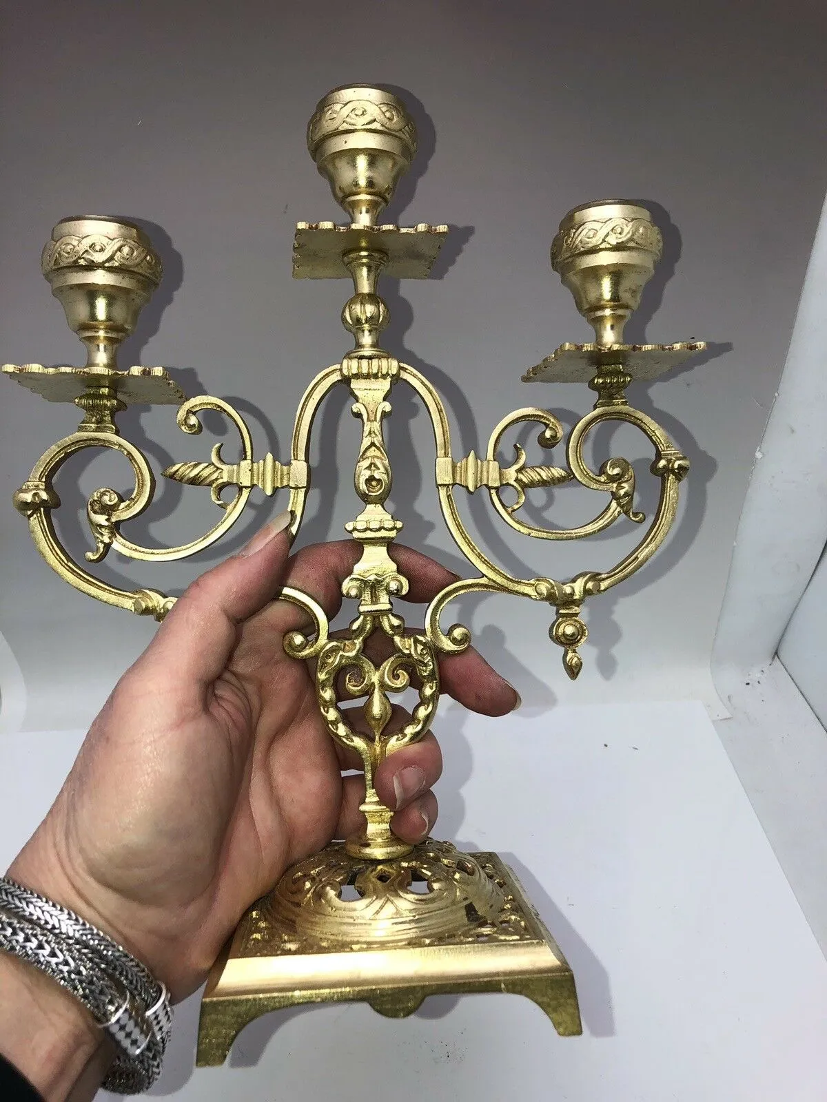 Antique Pair French Ormolu Bronze Three Light Candelabra