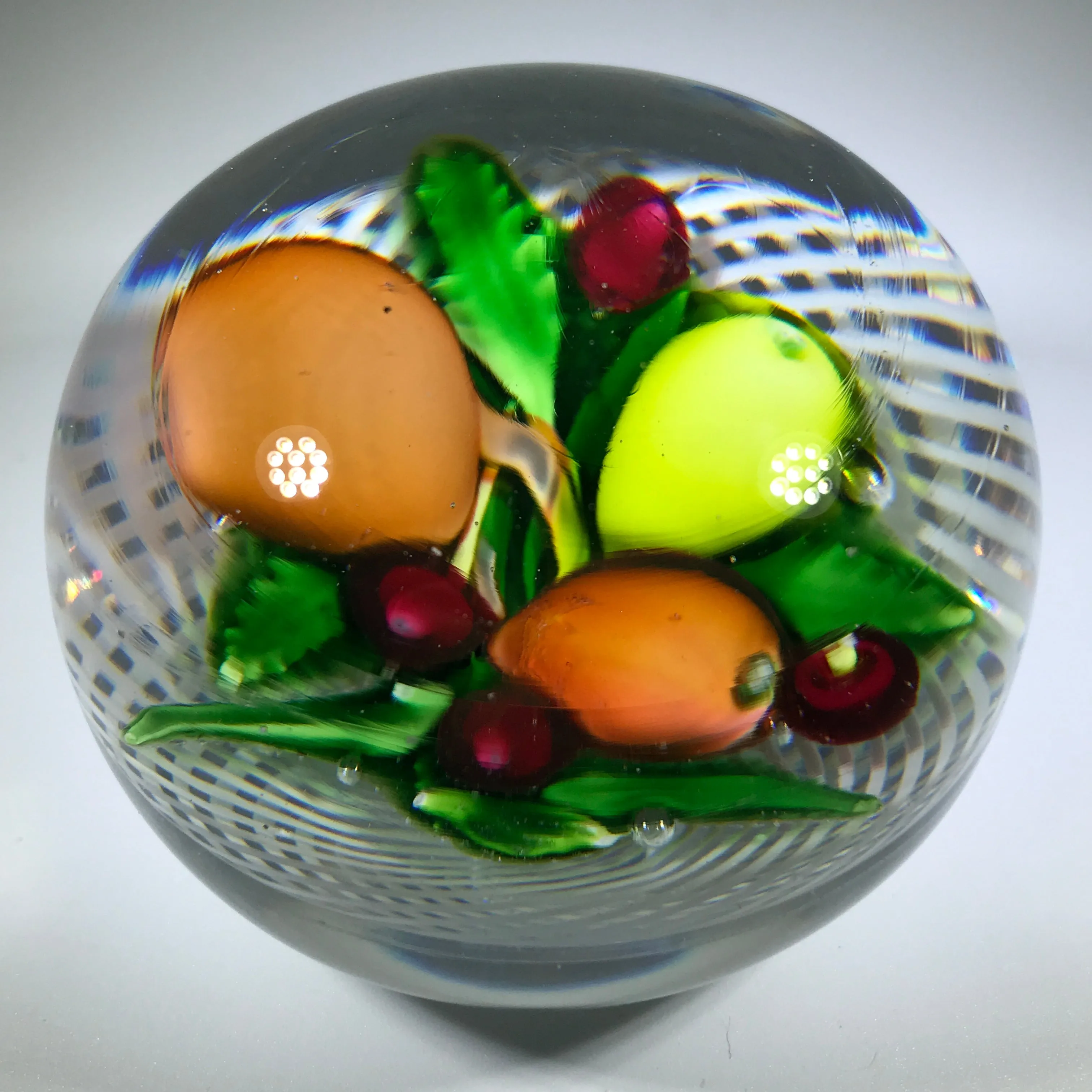 Antique Saint Louis Art Glass Paperweight Lampwork Fruit on Spiral Filigree Basket