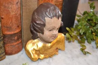 Antique Wood Cherub Head With Wings German Carved Painted Gilded