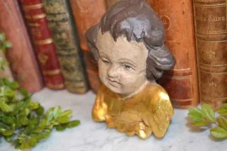 Antique Wood Cherub Head With Wings German Carved Painted Gilded
