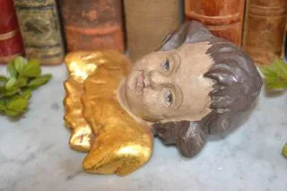 Antique Wood Cherub Head With Wings German Carved Painted Gilded