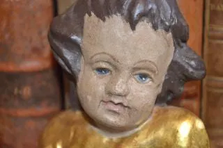 Antique Wood Cherub Head With Wings German Carved Painted Gilded