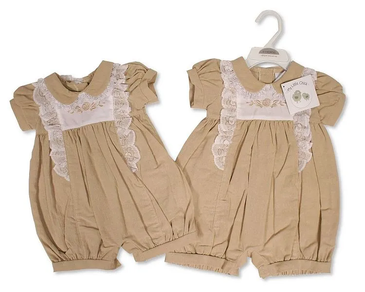 Baby Girls Linen Romper with Lace and Embroidery (NB-6m) (PK6) BIS-2120-6252