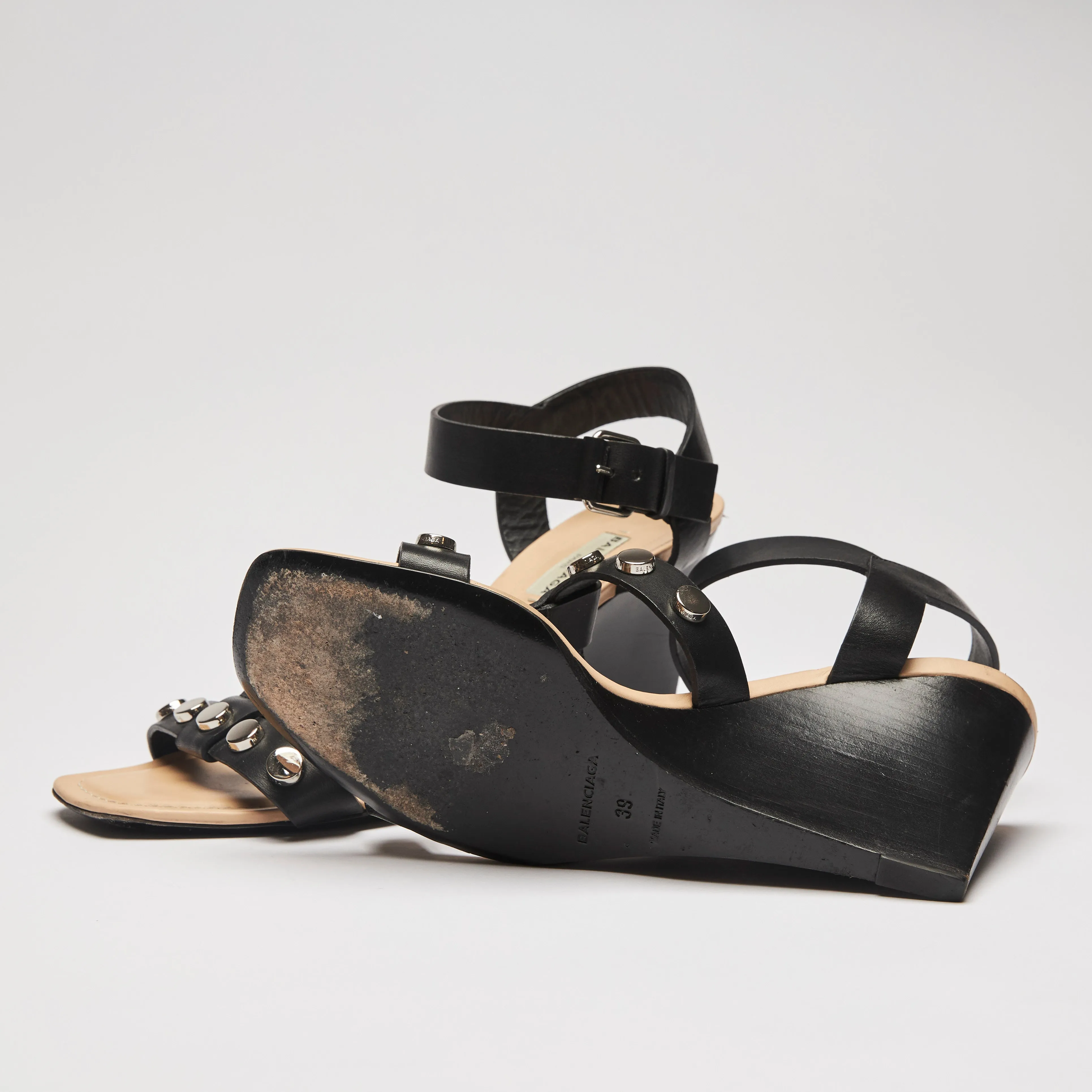 Balenciaga Black Leather Studded Wedge Sandals Size 39