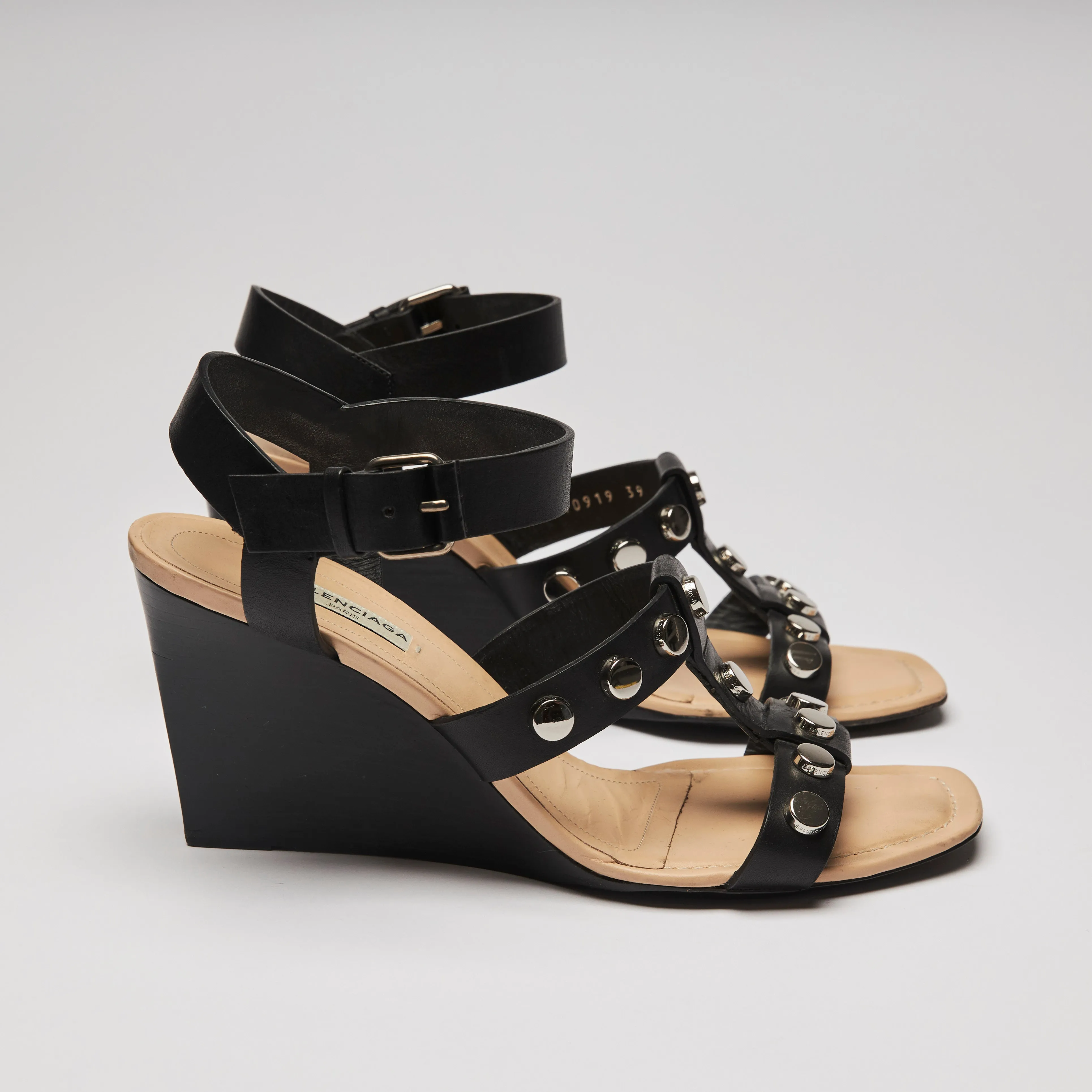 Balenciaga Black Leather Studded Wedge Sandals Size 39