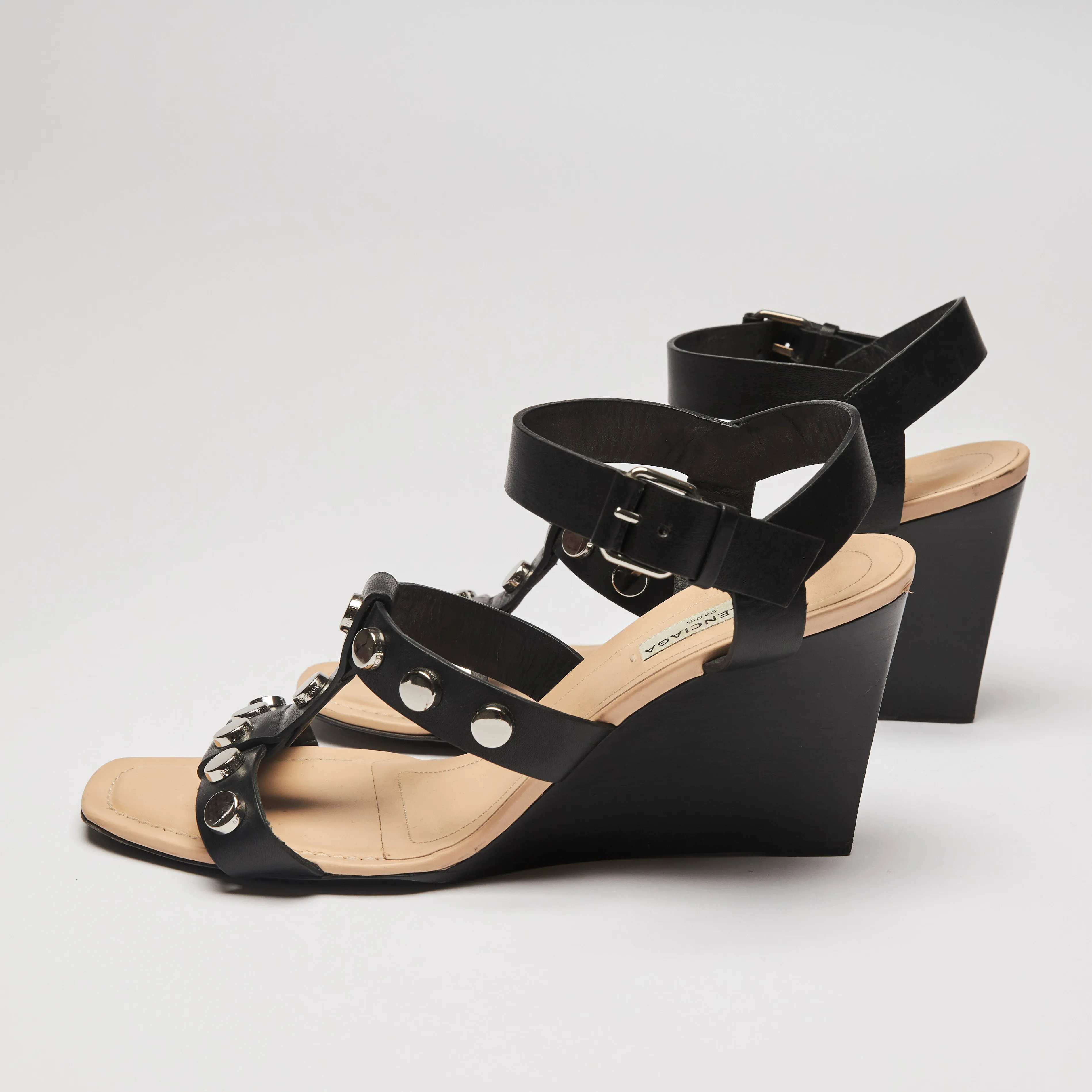 Balenciaga Black Leather Studded Wedge Sandals Size 39