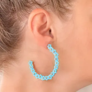 Beaded Mini Flower Lined Hoop Earrings - Aqua